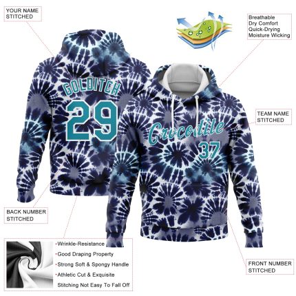Custom Name Number Tie Dye Hoodie | Teal White 3D Batik Sports Pullover Sweatshirt for Hippie Style Personalized Stitched