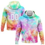Custom Name Number Hoodie - Personalized 3D Rainbow Tie Dye Pullover Sweatshirt in White-Light Blue Personalized Stitched