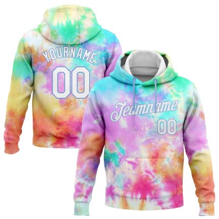 Custom Name Number Hoodie - Personalized 3D Rainbow Tie Dye Pullover Sweatshirt in White-Light Blue Personalized Stitched