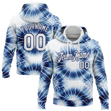 Custom Name and Number 3D Abstract Tie Dye Hoodie Sweatshirt - Personalized White-Navy Sports Pullover Personalized Stitched
