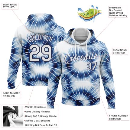 Custom Name and Number 3D Abstract Tie Dye Hoodie Sweatshirt - Personalized White-Navy Sports Pullover Personalized Stitched
