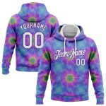Custom Name Number Hoodie 3D Abstract Fractal Stitched Tie Dye White Purple Sports Sweatshirt Personalized Stitched Tie Dye