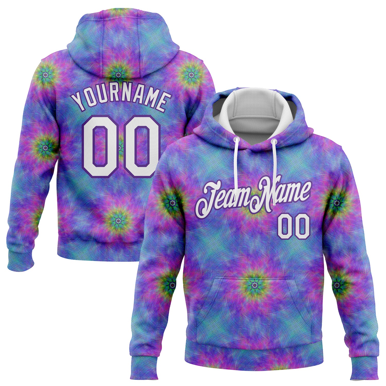 Custom Name Number Hoodie 3D Abstract Fractal Stitched Tie Dye White Purple Sports Sweatshirt Personalized Stitched Tie Dye