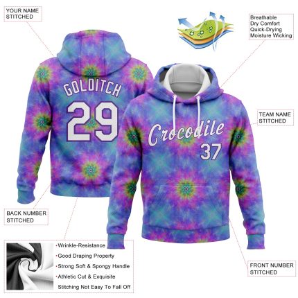 Custom Name Number Hoodie 3D Abstract Fractal Stitched Tie Dye White Purple Sports Sweatshirt Personalized Stitched Tie Dye