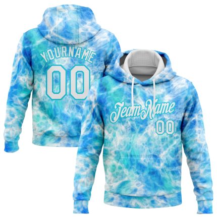 Custom Name and Number 3D Abstract Tie Dye Hoodie Pullover Sweatshirt in White-Sky Blue - Personalized Sports Wear Personalized