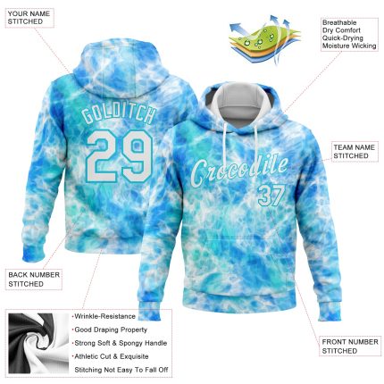 Custom Name and Number 3D Abstract Tie Dye Hoodie Pullover Sweatshirt in White-Sky Blue - Personalized Sports Wear Personalized