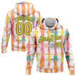 Custom Name Number Hoodie 3D Rainbow Watercolor Tie Dye Yellow Kelly Green Pullover Sports Sweatshirt Personalized Stitched