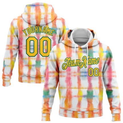 Custom Name Number Hoodie 3D Rainbow Watercolor Tie Dye Yellow Kelly Green Pullover Sports Sweatshirt Personalized Stitched