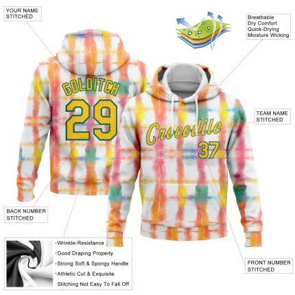 Custom Name Number Hoodie 3D Rainbow Watercolor Tie Dye Yellow Kelly Green Pullover Sports Sweatshirt Personalized Stitched