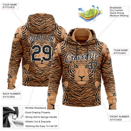 Custom Name Number Tiger Sports Hoodie Sweatshirt with 3D Pattern Design in Vegas Gold Black-White Personalized Stitched