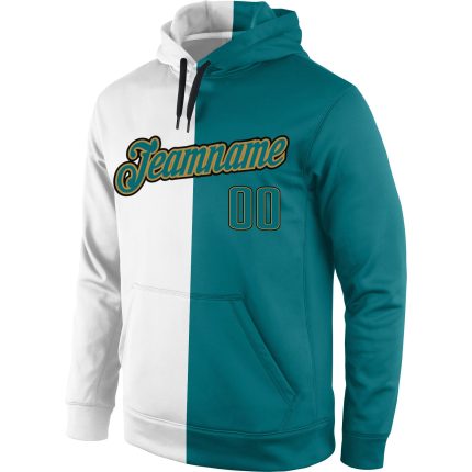 Custom Team Name Number Sweatshirt Hoodie - Personalized Stitched White Aqua Gold Split Fashion Pullover Personalized Stitched