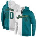 Custom Team Name Number Sweatshirt Hoodie - Personalized Stitched White Aqua Gold Split Fashion Pullover Personalized Stitched