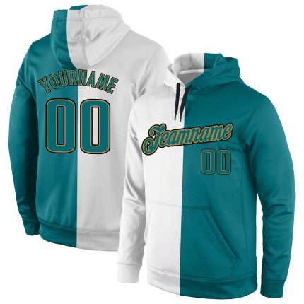Custom Team Name Number Sweatshirt Hoodie - Personalized Stitched White Aqua Gold Split Fashion Pullover Personalized Stitched
