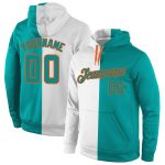 Custom Name and Number Sports Hoodie Pullover Sweatshirt, Personalized Aqua-Orange Split Fashion Design, White Personalized