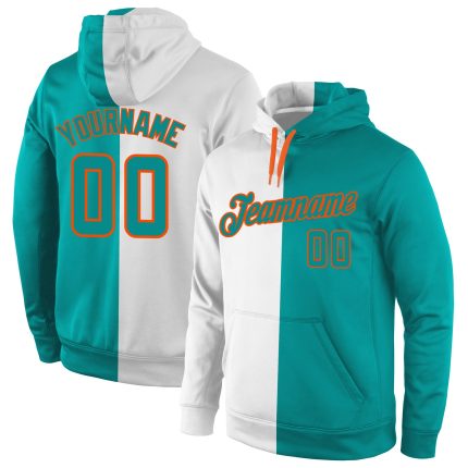 Custom Name and Number Sports Hoodie Pullover Sweatshirt, Personalized Aqua-Orange Split Fashion Design, White Personalized
