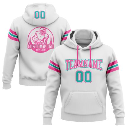 Custom Aqua-Pink Football Hoodie Personalized with Name & Number, Stitched White Pullover Sweatshirt for Teams Personalized