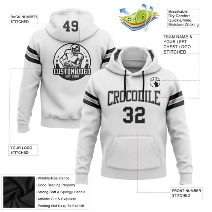 Custom Name and Number Black-Gray White Football Hoodie Pullover Sweatshirt - Personalized Team Apparel Personalized Stitched
