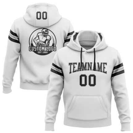 Custom Name and Number Black-Gray White Football Hoodie Pullover Sweatshirt - Personalized Team Apparel Personalized Stitched