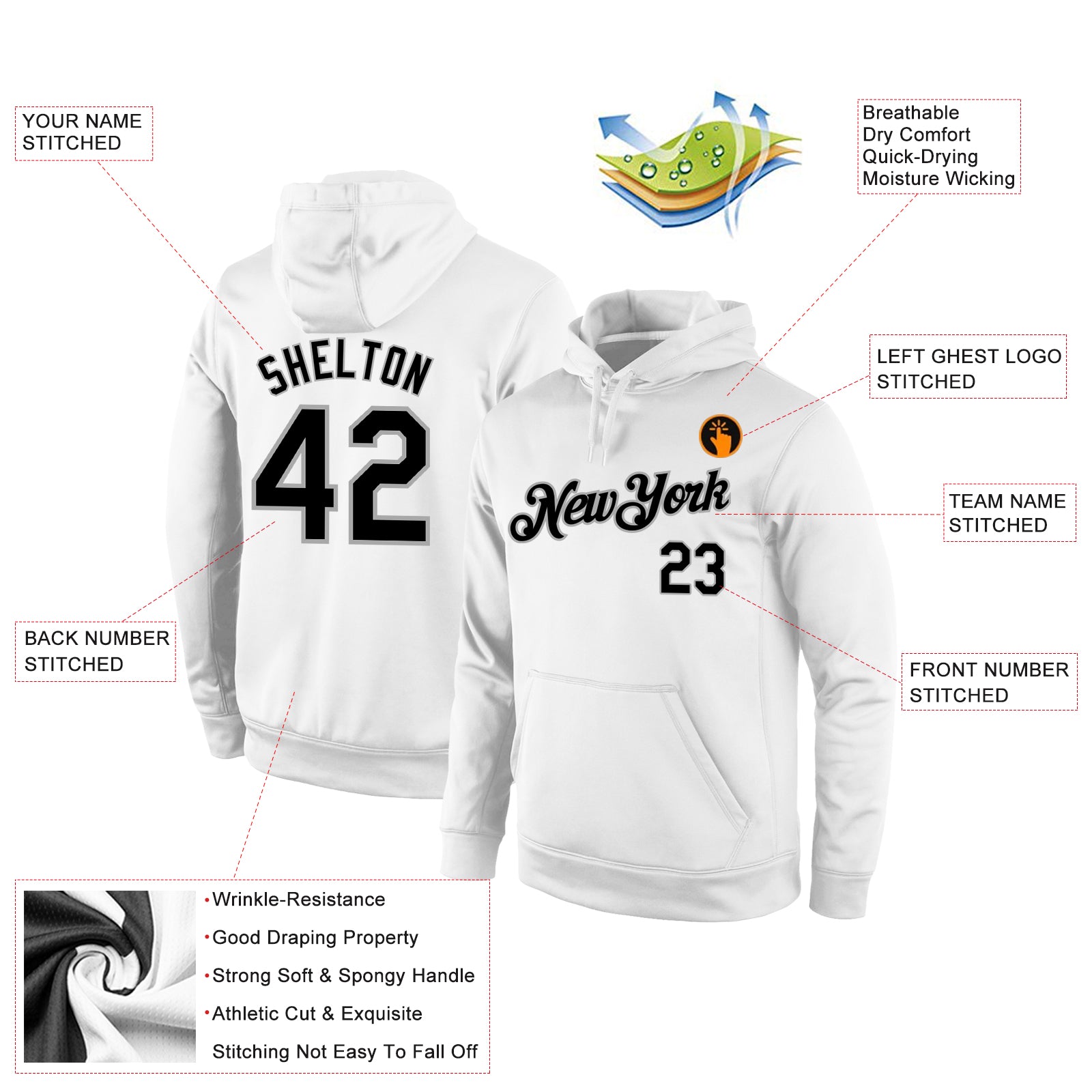 Personalized Stitched White Black-Gray Sports Pullover Sweatshirt Hoodie Team Custom Name and Number Custom Team Name Number Sports Hoodie Pullover Sweatshirt - Personalized Stitched White Black Gray Personalized Stitched - Image 4