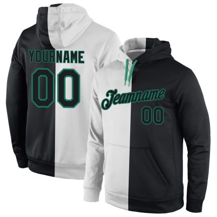 Custom Team Name Number Hoodie Sweatshirt, Personalized Stitched White Black Kelly Green Split Fashion Sports Pullover Personalized