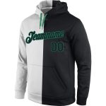 Custom Team Name Number Hoodie Sweatshirt, Personalized Stitched White Black Kelly Green Split Fashion Sports Pullover Personalized