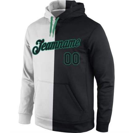 Custom Team Name Number Hoodie Sweatshirt, Personalized Stitched White Black Kelly Green Split Fashion Sports Pullover Personalized