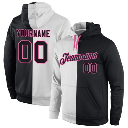 Custom Name & Number Sports Hoodie Pullover - White Black-Pink Split Stitched Fashion Sweatshirt Personalized Stitched White