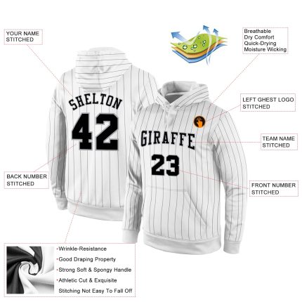Custom Black-Grey Sports Hoodie with Personalized Team Name and Number, Stitched White Black Pinstripe Pullover Sweatshirt
