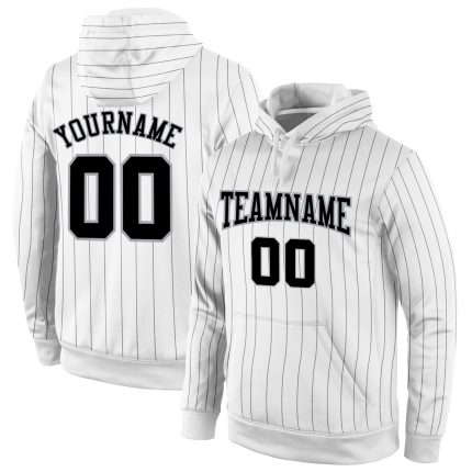 Custom Black-Grey Sports Hoodie with Personalized Team Name and Number, Stitched White Black Pinstripe Pullover Sweatshirt