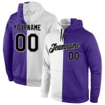 Custom Name Number Sports Hoodie, Personalized Black Purple Split Sweatshirt, Stitched Pullover Personalized Stitched White