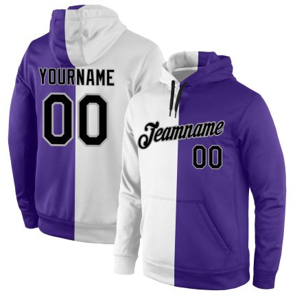 Custom Name Number Sports Hoodie, Personalized Black Purple Split Sweatshirt, Stitched Pullover Personalized Stitched White