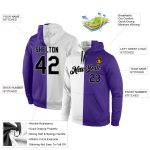 Custom Name Number Sports Hoodie, Personalized Black Purple Split Sweatshirt, Stitched Pullover Personalized Stitched White