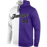 Custom Name Number Sports Hoodie, Personalized Black Purple Split Sweatshirt, Stitched Pullover Personalized Stitched White