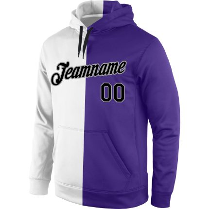 Custom Name Number Sports Hoodie, Personalized Black Purple Split Sweatshirt, Stitched Pullover Personalized Stitched White