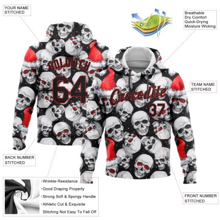 Custom Name Number Sports Hoodie with 3D Skulls and Santa Hat - Personalized Black-Red Sweatshirt Personalized Stitched White