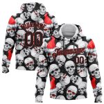 Custom Name Number Sports Hoodie with 3D Skulls and Santa Hat - Personalized Black-Red Sweatshirt Personalized Stitched White