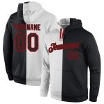Custom Sports Hoodie with Personalized Name & Number, Black-Red Split Design, Stitched Pullover Sweatshirt for Team Wear