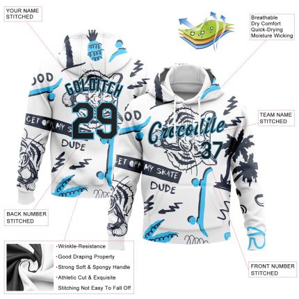 Custom Name & Number Sports Hoodie with 3D Tiger & Hawaii Palm Tree Design - Stitched White & Black-Sky Blue Pullover Sweatshirt