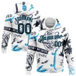 Custom Name & Number Sports Hoodie with 3D Tiger & Hawaii Palm Tree Design - Stitched White & Black-Sky Blue Pullover Sweatshirt