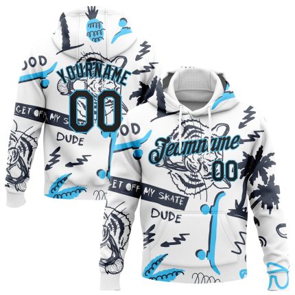 Custom Name & Number Sports Hoodie with 3D Tiger & Hawaii Palm Tree Design - Stitched White & Black-Sky Blue Pullover Sweatshirt