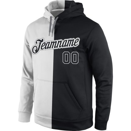 Custom Name and Number Personalized Sports Hoodie Pullover Sweatshirt - Stitched White Black Split Fashion Personalized Stitched