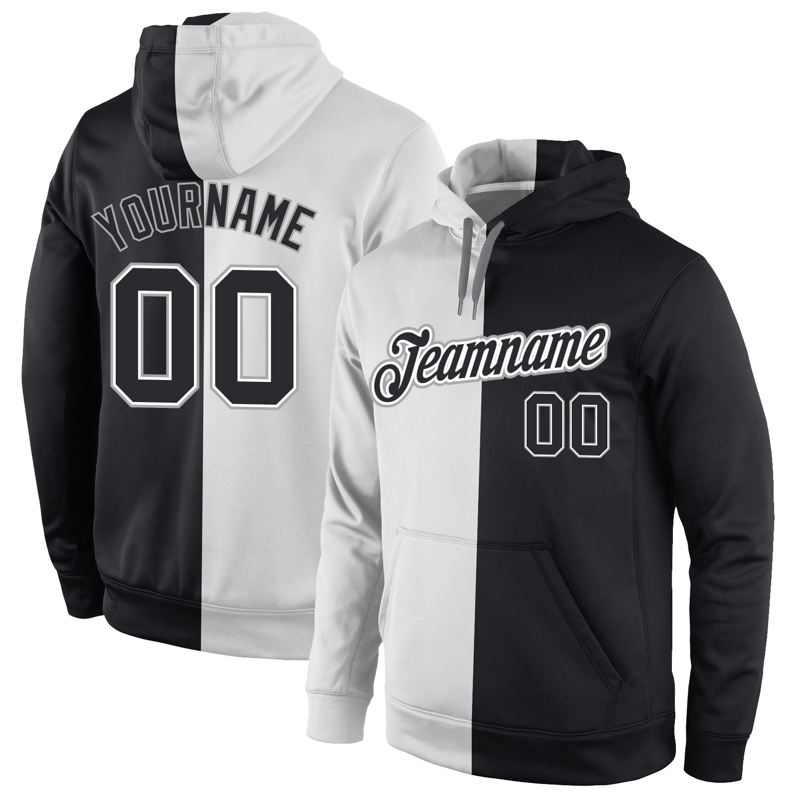Custom Name and Number Personalized Sports Hoodie Pullover Sweatshirt - Stitched White Black Split Fashion Personalized Stitched