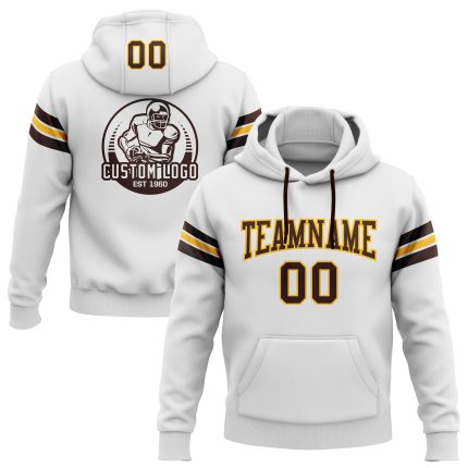 Custom Personalized Football Hoodie Pullover Sweatshirt with Stitched Team Name and Number - White Brown-Gold Personalized