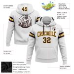 Custom Personalized Football Hoodie Pullover Sweatshirt with Stitched Team Name and Number - White Brown-Gold Personalized