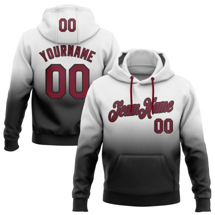 Custom Name and Number Sports Pullover Hoodie - Personalized Crimson-Black Fade Stitched Design, White Sweatshirt Personalized