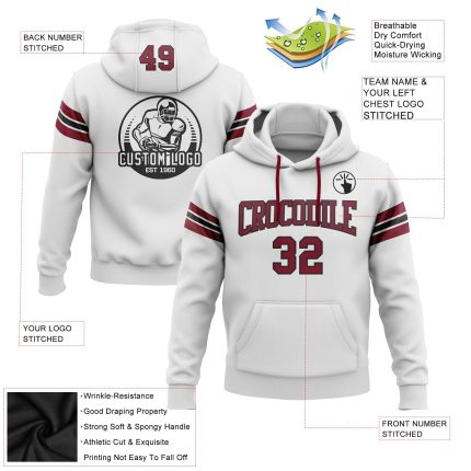 Custom Team Hoodie with Personalized Name and Number - Stitched White Crimson-Black Football Pullover Sweatshirt Personalized