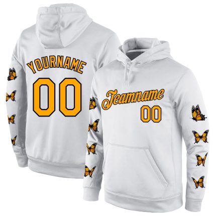 Custom Name and Number Butterfly Hoodie - Personalized 3D Pattern Stitched White Gold and Black Sports Sweatshirt Personalized