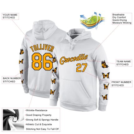 Custom Name and Number Butterfly Hoodie - Personalized 3D Pattern Stitched White Gold and Black Sports Sweatshirt Personalized