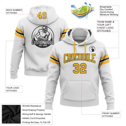Custom Name Number Football Hoodie Sweatshirt Personalized Stitched White Gold-Black Team Apparel Personalized Stitched White