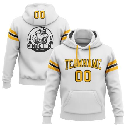 Custom Name Number Football Hoodie Sweatshirt Personalized Stitched White Gold-Black Team Apparel Personalized Stitched White